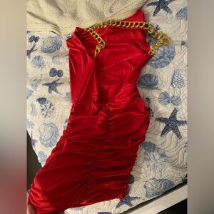 Venus Red Dress ruched back gold chain straps